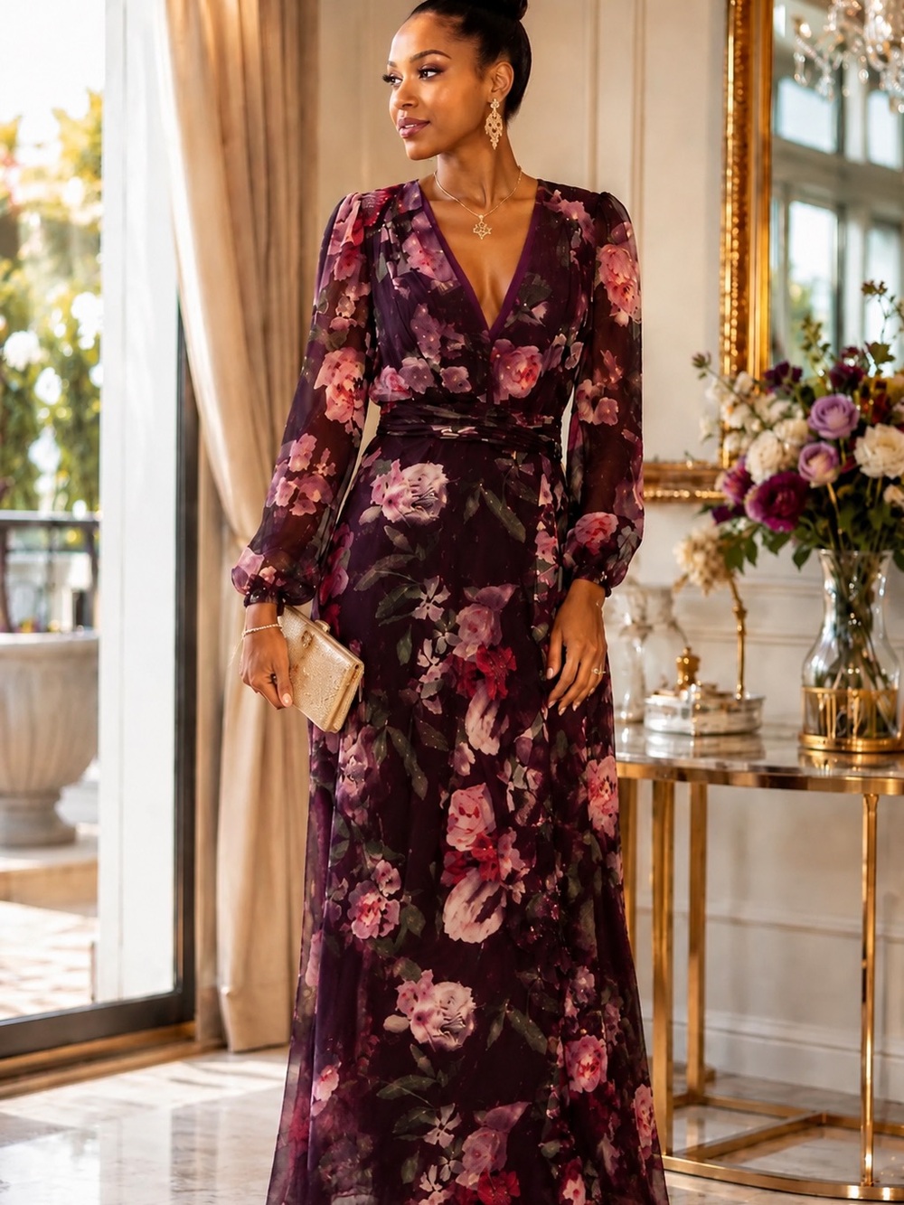 Xscape Plum Floral V-Neck Long Sleeve Maxi Dress